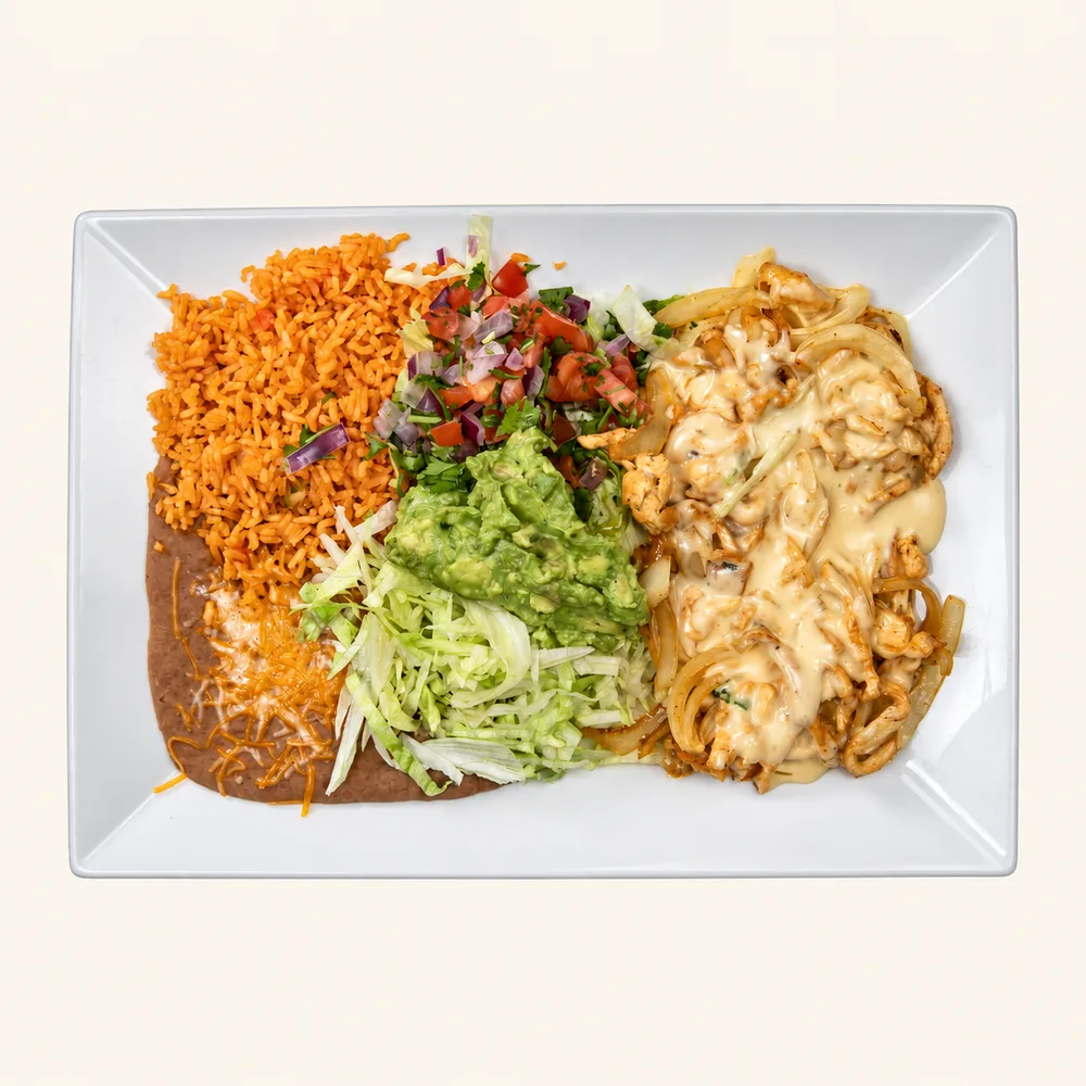 Pollo Loco: grilled chicken with onions in cheese sauce, rice, refried beans and pico de gallo
